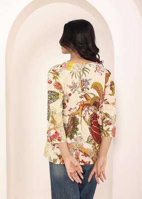 Navy blue tropical print angrakha style cotton kurta top 5