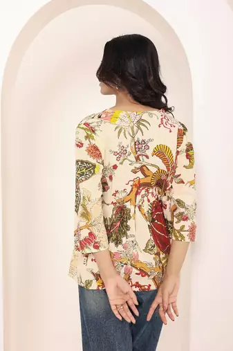 Navy blue tropical print angrakha style cotton kurta top
