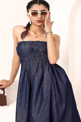 Navy blue tropical print angrakha style cotton kurta top