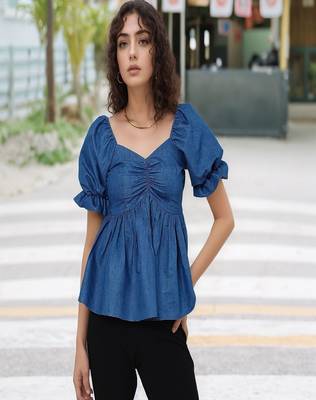 Navy blue tropical print angrakha style cotton kurta top 2