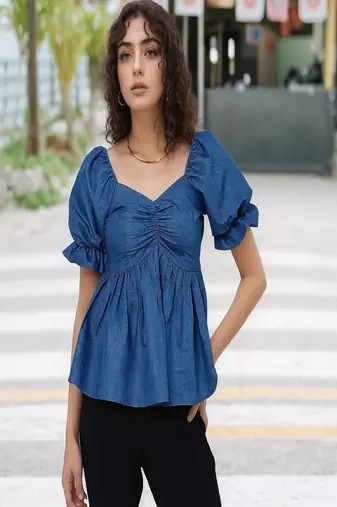 Navy blue tropical print angrakha style cotton kurta top