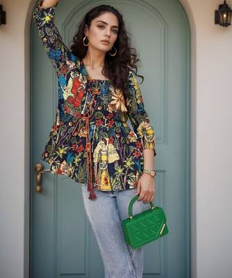 Navy blue tropical print angrakha style cotton kurta top 1