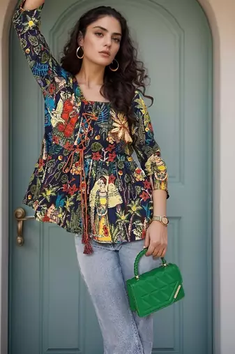 Navy blue tropical print angrakha style cotton kurta top