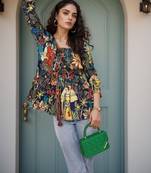 Navy blue tropical print angrakha style cotton kurta top