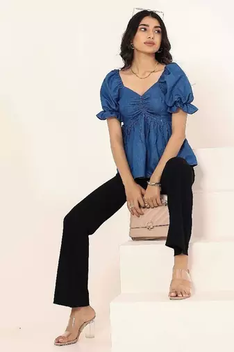 Navy blue tropical print angrakha style cotton kurta top
