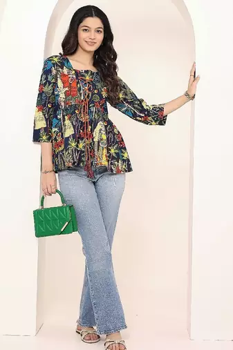 Navy blue tropical print angrakha style cotton kurta top