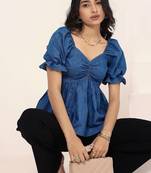 Navy blue tropical print angrakha style cotton kurta top