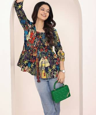 Navy blue tropical print angrakha style cotton kurta top 3