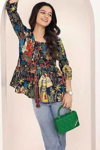 Navy blue tropical print angrakha style cotton kurta top