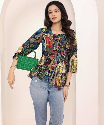 Navy blue tropical print angrakha style cotton kurta top 4