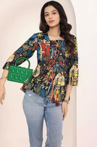 Navy blue tropical print angrakha style cotton kurta top