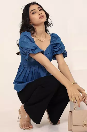 Navy blue tropical print angrakha style cotton kurta top