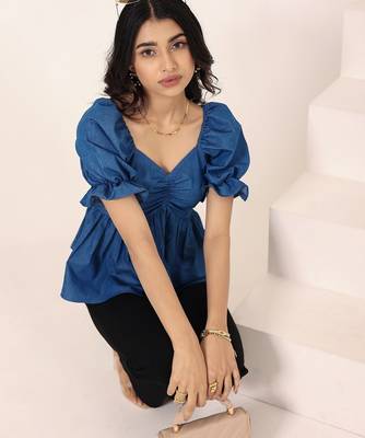 Navy blue tropical print angrakha style cotton kurta top 5