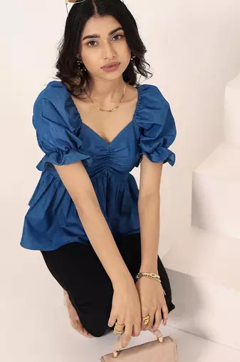 Navy blue tropical print angrakha style cotton kurta top