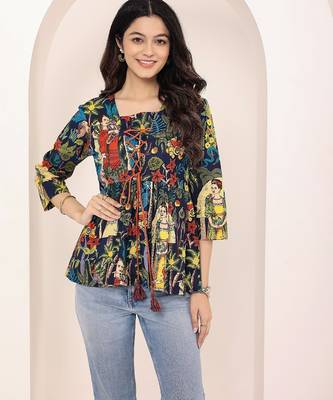 Navy blue tropical print angrakha style cotton kurta top 5