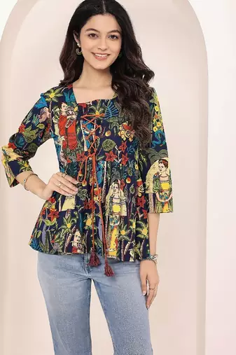 Navy blue tropical print angrakha style cotton kurta top