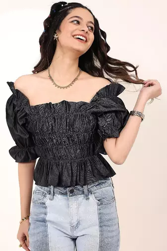 Navy blue tropical print angrakha style cotton kurta top