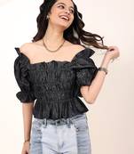 Navy blue tropical print angrakha style cotton kurta top