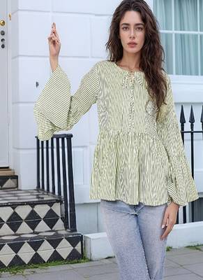 Navy blue tropical print angrakha style cotton kurta top 1