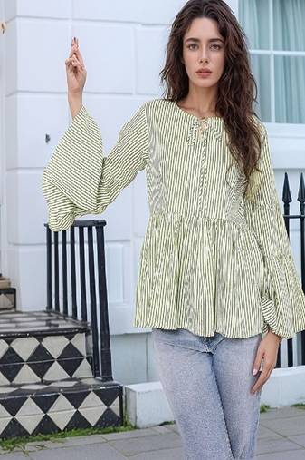 Navy blue tropical print angrakha style cotton kurta top