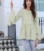 Navy blue tropical print angrakha style cotton kurta top