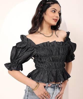 Navy blue tropical print angrakha style cotton kurta top 4