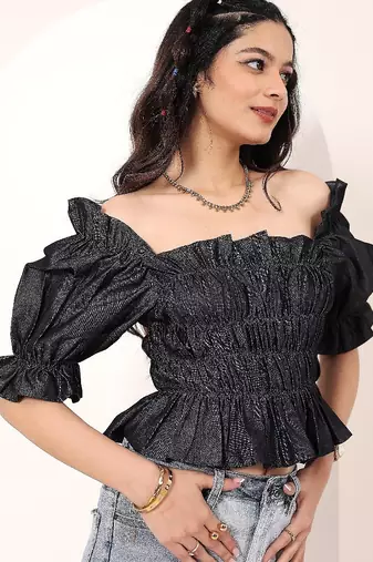Navy blue tropical print angrakha style cotton kurta top