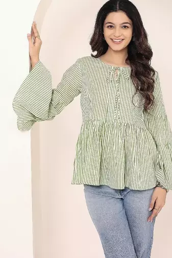 Navy blue tropical print angrakha style cotton kurta top
