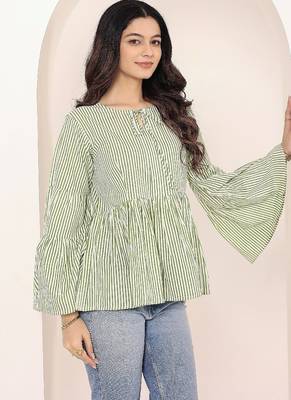 Navy blue tropical print angrakha style cotton kurta top 5