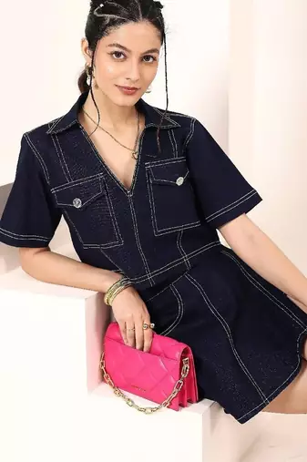 Navy blue tropical print angrakha style cotton kurta top