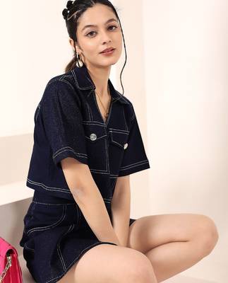 Navy blue tropical print angrakha style cotton kurta top 3