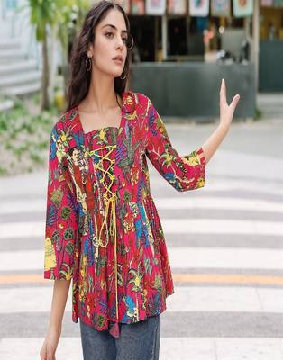 Navy blue tropical print angrakha style cotton kurta top 2