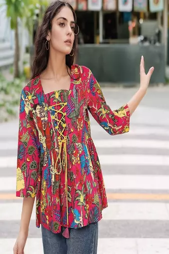 Navy blue tropical print angrakha style cotton kurta top