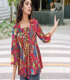 Navy blue tropical print angrakha style cotton kurta top