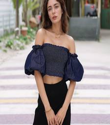 Navy blue tropical print angrakha style cotton kurta top