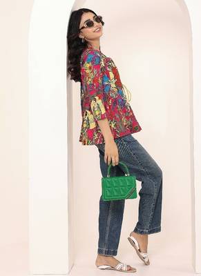 Navy blue tropical print angrakha style cotton kurta top 3