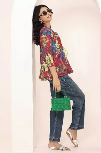 Navy blue tropical print angrakha style cotton kurta top