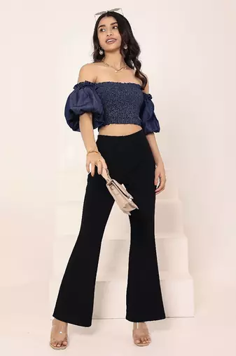 Navy blue tropical print angrakha style cotton kurta top
