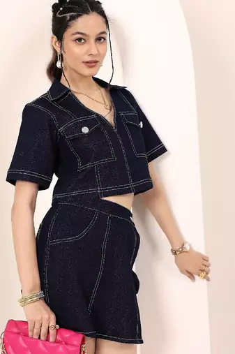 Navy blue tropical print angrakha style cotton kurta top