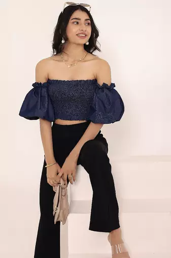 Navy blue tropical print angrakha style cotton kurta top