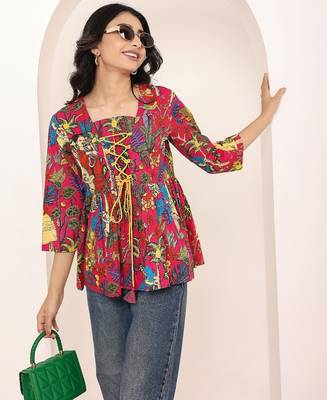 Navy blue tropical print angrakha style cotton kurta top 4