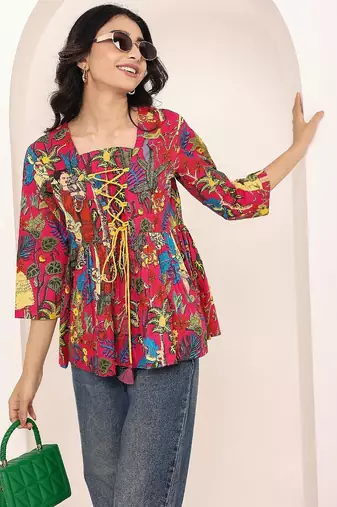 Navy blue tropical print angrakha style cotton kurta top