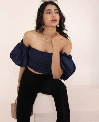 Navy blue tropical print angrakha style cotton kurta top 4