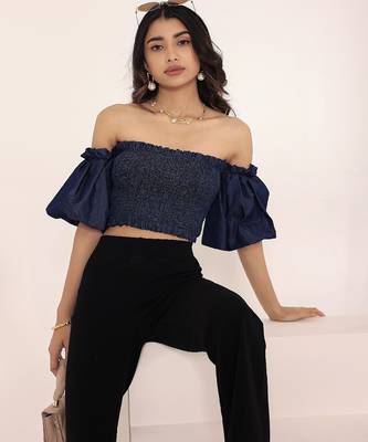 Navy blue tropical print angrakha style cotton kurta top 5