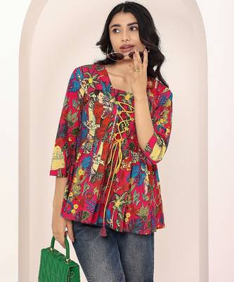 Navy blue tropical print angrakha style cotton kurta top 5