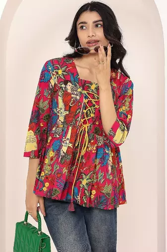 Navy blue tropical print angrakha style cotton kurta top