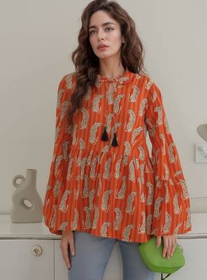 Navy blue tropical print angrakha style cotton kurta top 1