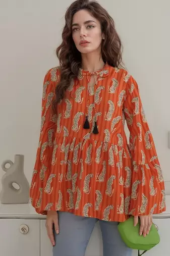 Navy blue tropical print angrakha style cotton kurta top