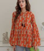 Navy blue tropical print angrakha style cotton kurta top