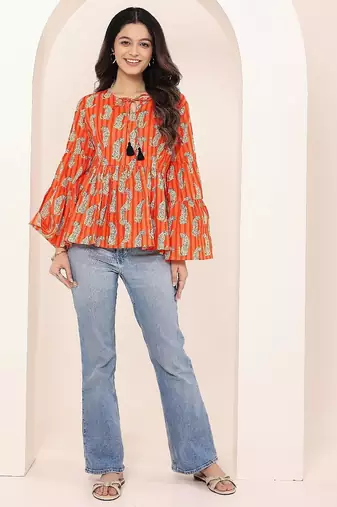 Navy blue tropical print angrakha style cotton kurta top